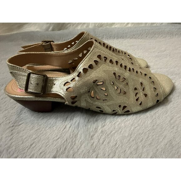 Nurture Shimmer Taupe Leather Cut Out Sandals Heels Side Zipper Open Toe - Picture 3 of 7